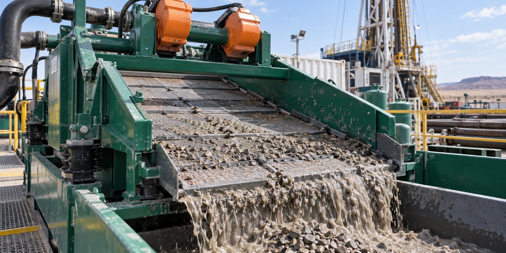 Shale shaker separating drilled solids from returning drilling fluid