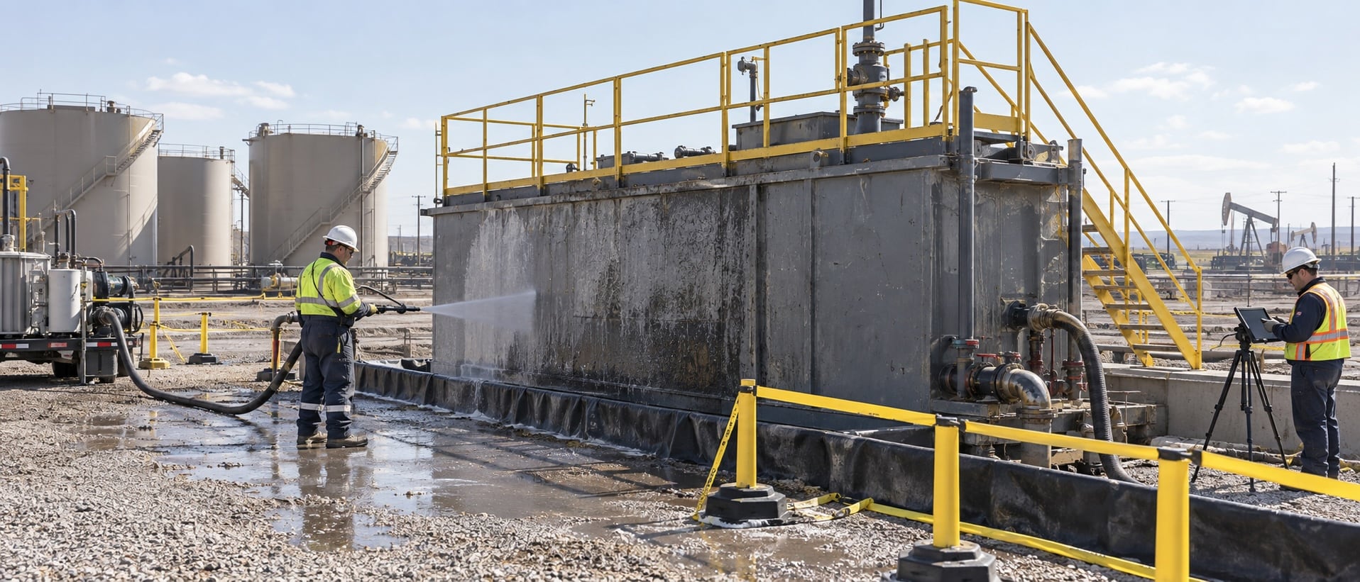 Mud tank prepared for planned cleaning, inspection, and controlled return to service