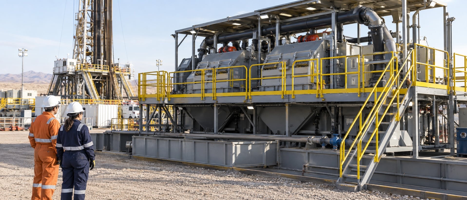 Crew working around guarded solids control equipment in a drilling fluid system