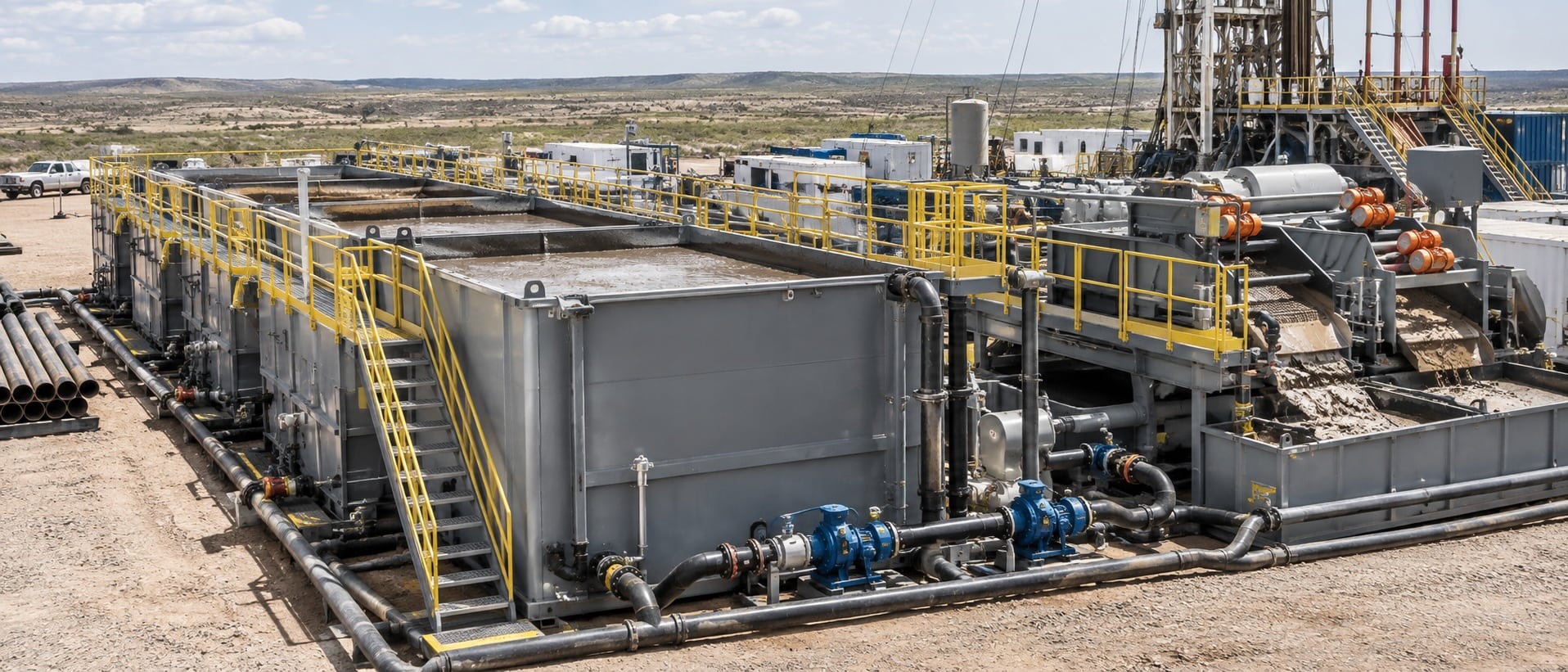 Solids control tanks arranged for sequential flow, agitation, and equipment access